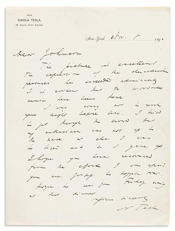 TESLA, NIKOLA. Two Autograph Letters Signed, N Tesla, to Dear Johnson, or Dear Mrs. Johnson.